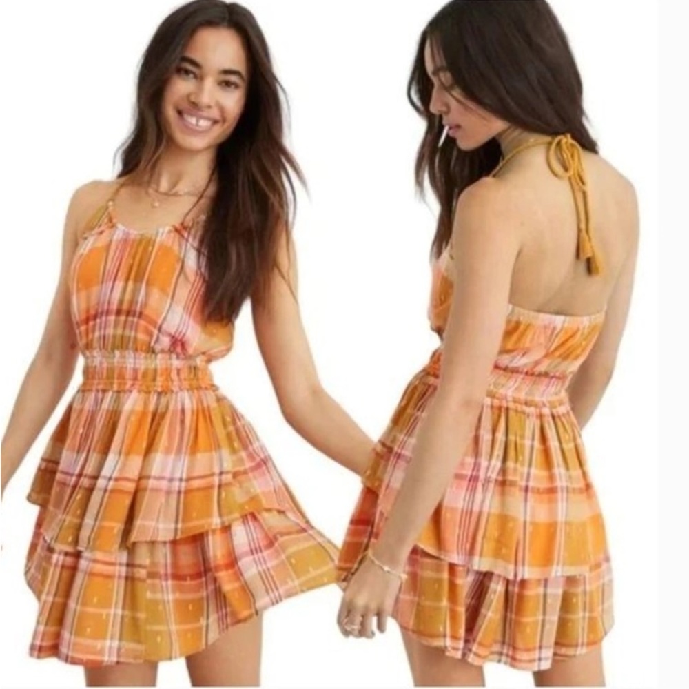 Aerie metallic gold orange plaid ruffle halter mini dress Size Small